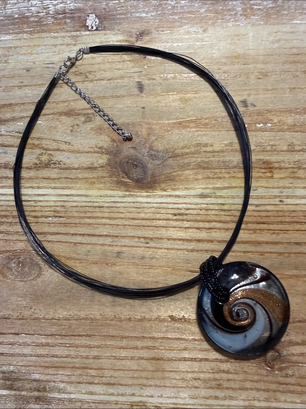 Vintage Black Silver Copper Glitter Glass Pendant Choker Statement Necklace